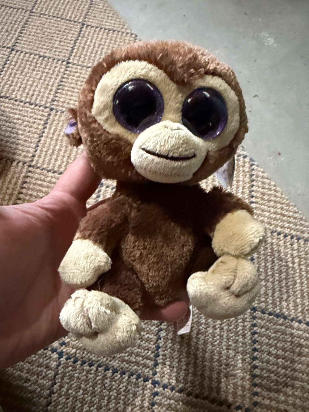 Ty Brown and Cream Monkey Beanie Boo with Large Purple Eyes